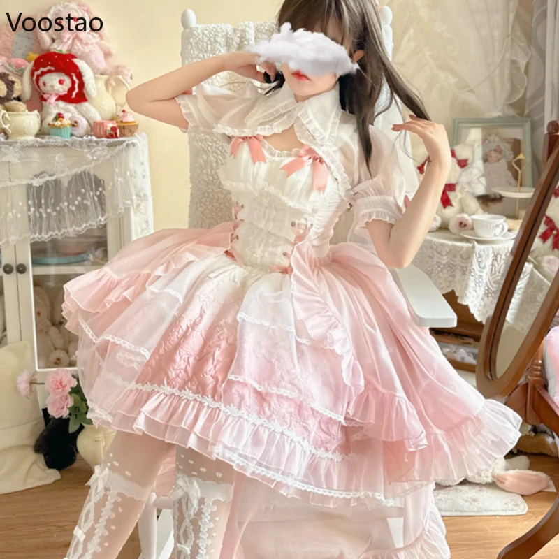 Japanese Vintage Sweet Lolita Dress Women Elegant Cute Bow Bandage Princess Party Mini Dresses Girls Kawaii Flower Wedding Dress