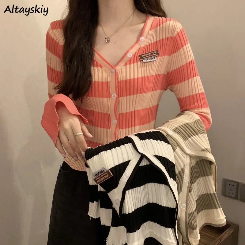 

Striped Cardigan Women Slim Cozy Casual Spring Cropped Fashion Daily Ulzzang Style All-match Students Кардиган Женский V-neck