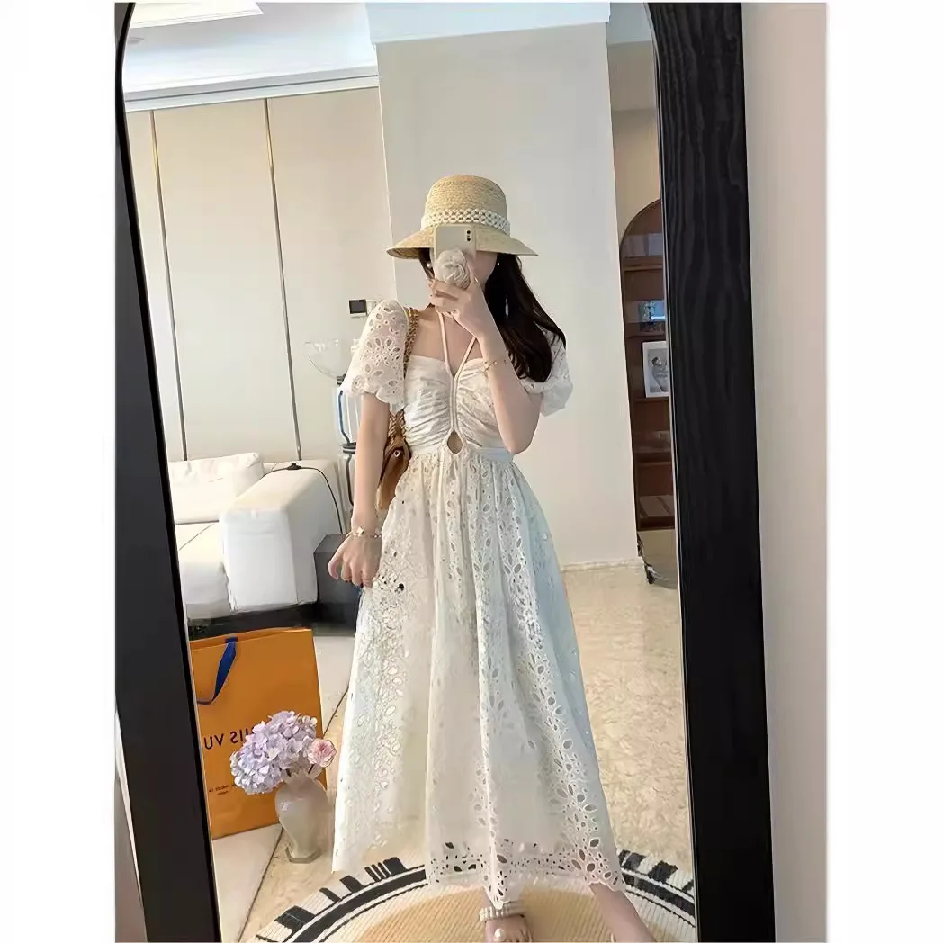 

2024 Summer Korean Chic White Midi Dress Women Elegant French Hollow Out Sexy Kawaii Vestidos Fashion Casual Short Sleeve Dress