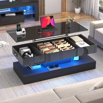 47.2 Large Lift Top Coffee TableModern High Glossy LED Coffee Tables for Living Room with Storage Black Living Room Tables for 5