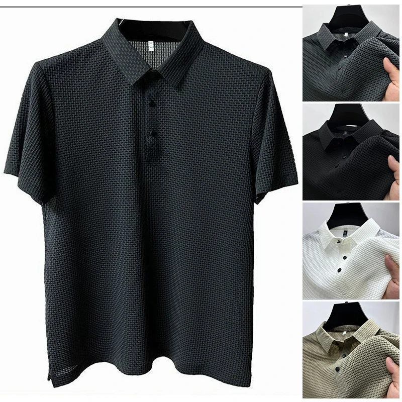

Summer New Men's Lop-up Hollow Short-sleeved Polo Shirt Ice Silk Breathable Business Fashion T-Shirt Male Brand Clothes