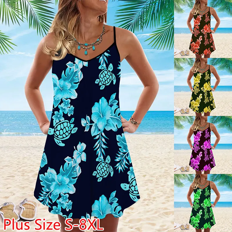 

2022 Summer New Fashion V-neck Hawaii Hibiscus Turtle Printed Sexy Dress Casual Dress Sleeveless Dress Loose Plus Size Dress