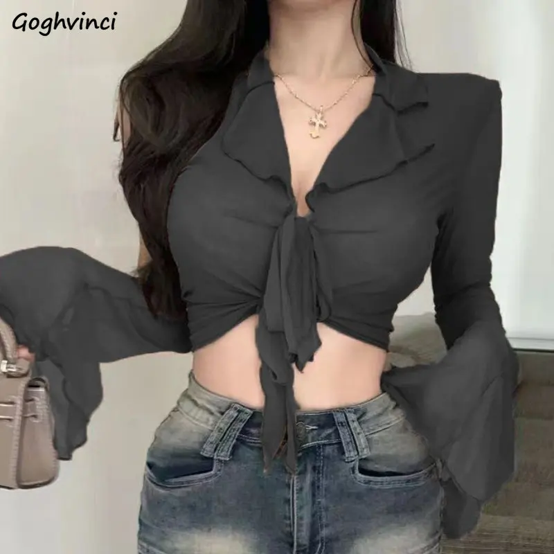 

Mesh Shirts Women Vintage Sexy Gentle Spring Korean Style Female V-neck Hotsweet Flare Sleeve Crop Tops Streetwear All-match Ins