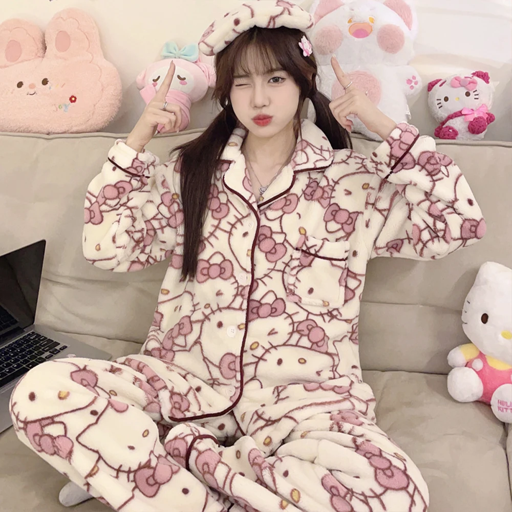 

Anime Hello Kitty 2Pcs Women's Plush Pajamas Suit Kawaii Sanrioed Winter Cute Home Clothes Cartoon Thickened Homewear Soft Girls
