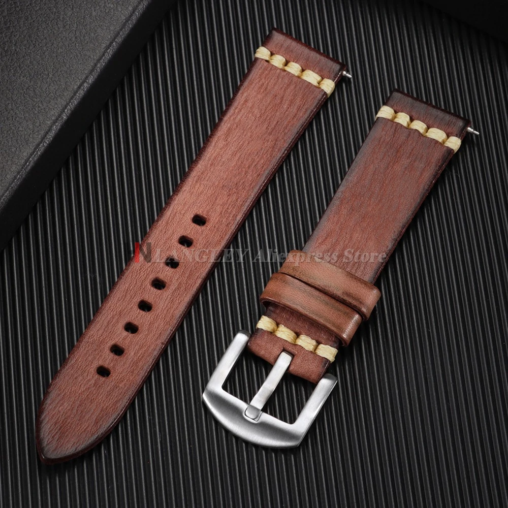 Handcrafted Vintage Italian Leather Watch Strap with Stitching Details