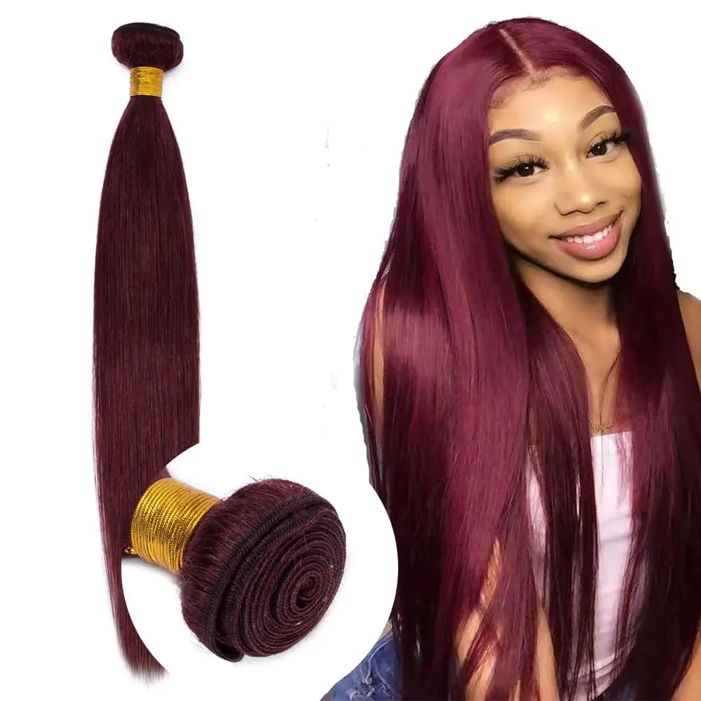 

Wine Red #99J Remy Human Hair Weave 16-28 inch Long Silky Straight Unprocessed Virgin Brazilian Hair Weft Extensions for Women