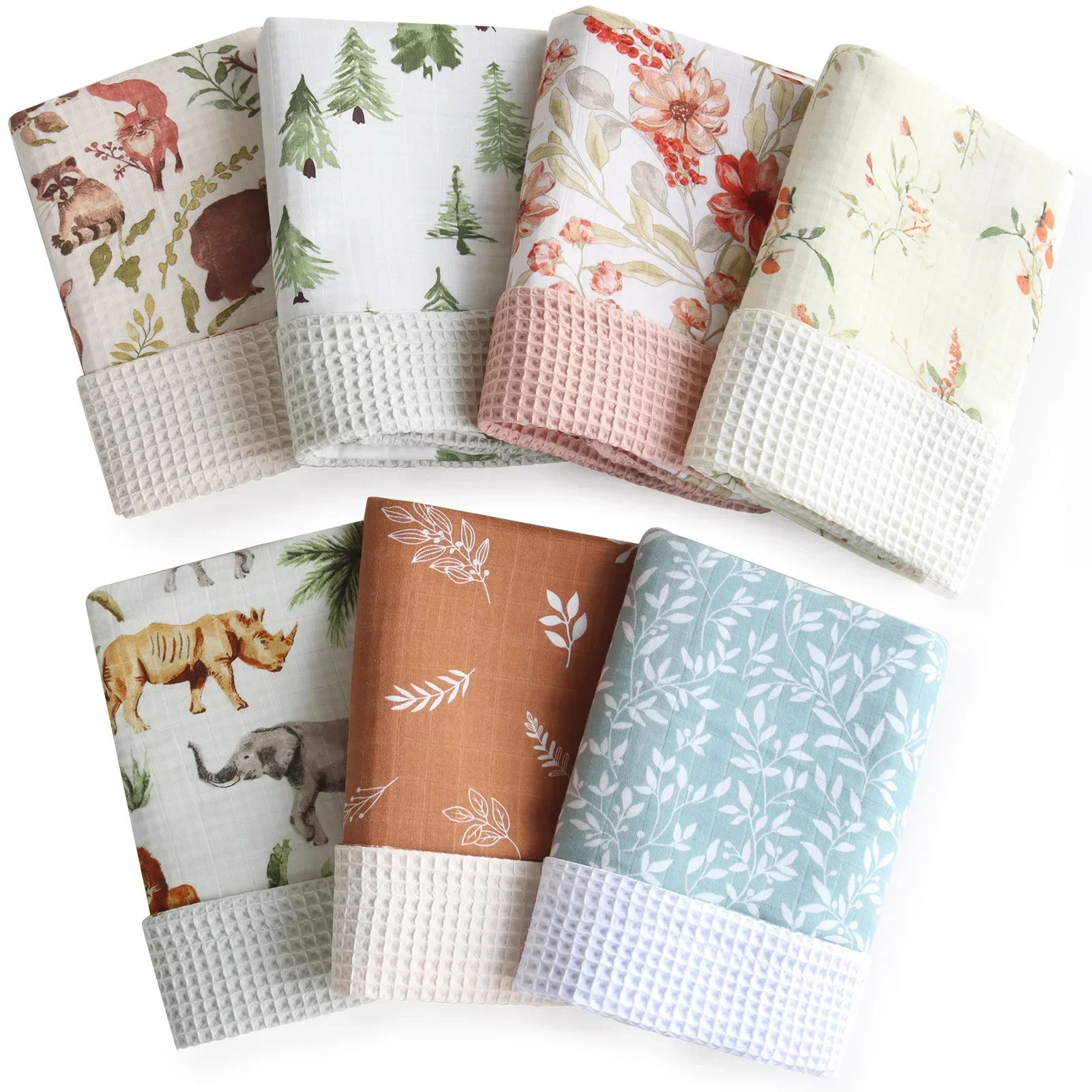 70% Bamboo 30% Cotton Muslin Cotton Waffle Printed Swaddle Wrap Blanket Baby Blanket Newborn Super Soft Bedding Cover
