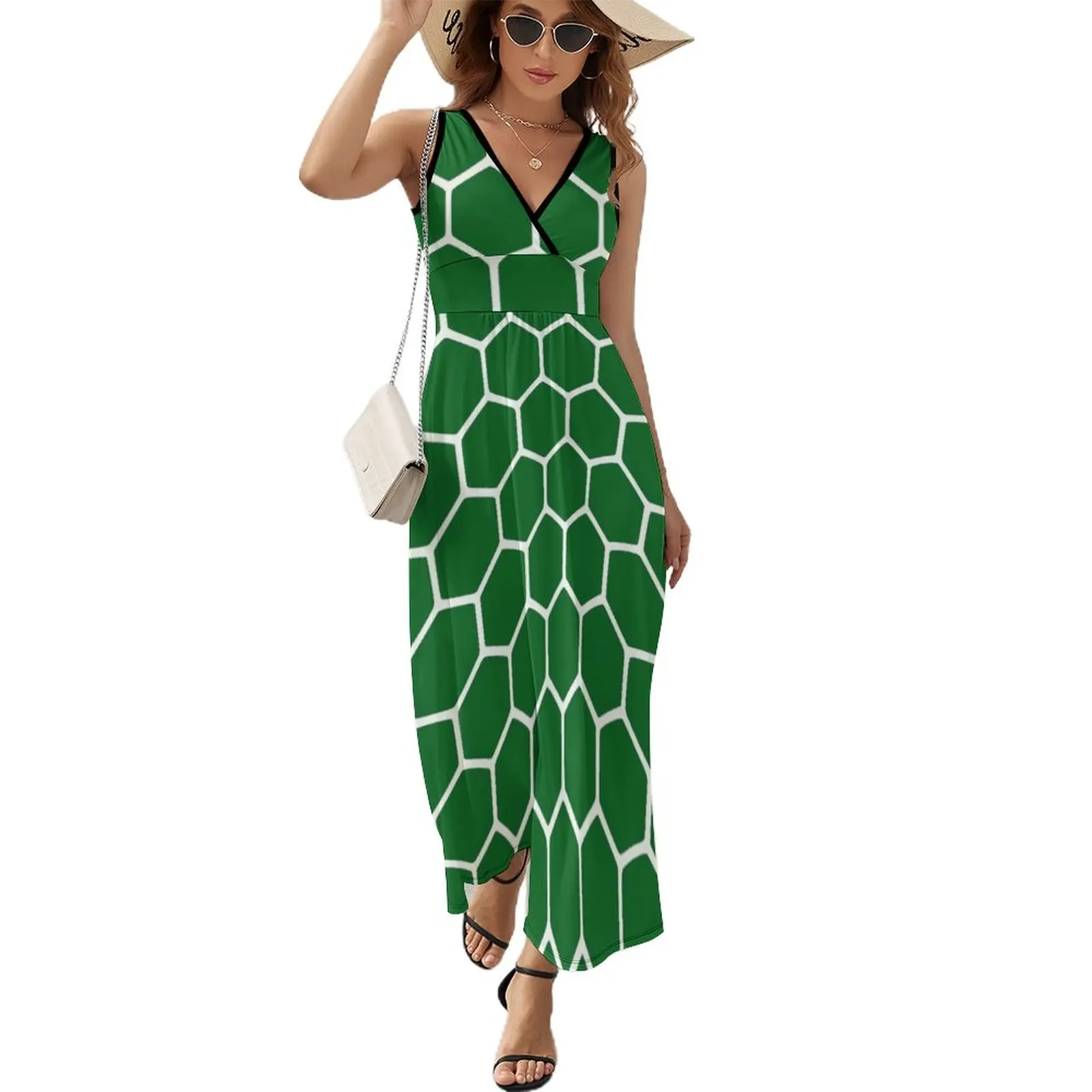 

Green Honeycomb Pattern Sleeveless Dress elegant guest wedding dress Long dress woman