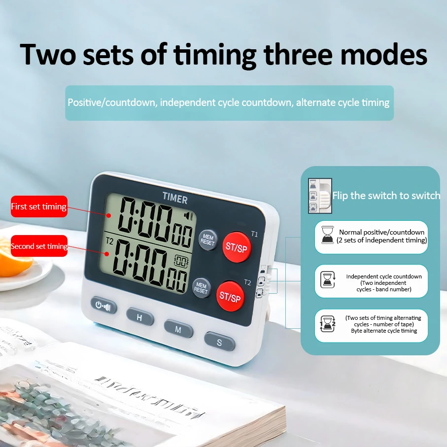 Digital Kitchen Timer 3 Storage Memories Timer Dual groups Independent/Alternating cycle timing Alarm Clock Mute Flashing Timer 2