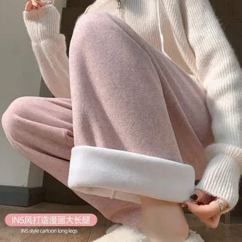 2025Hot Fleece Woman Pants Winter Elastic Waist Warm Leggings Solid Casual Thicken High Waist Straight Comfort Wide Leg Trousers