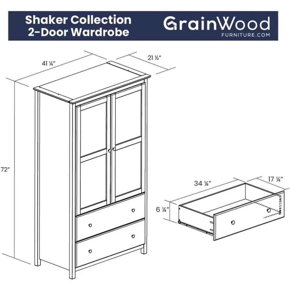 Shaker 2Door Wardrobe,Solid Wood with Walnut Finish and Made of100% solid wood forbedroom living room wardrobescloset organizer 2