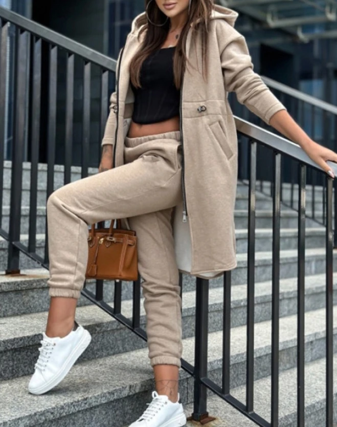 New Sweatpants Sets 2023 Winter Daily Casual Fashion Commuter Zipper Design Longline Hooded Coat and Cuffed Pants Set for Women