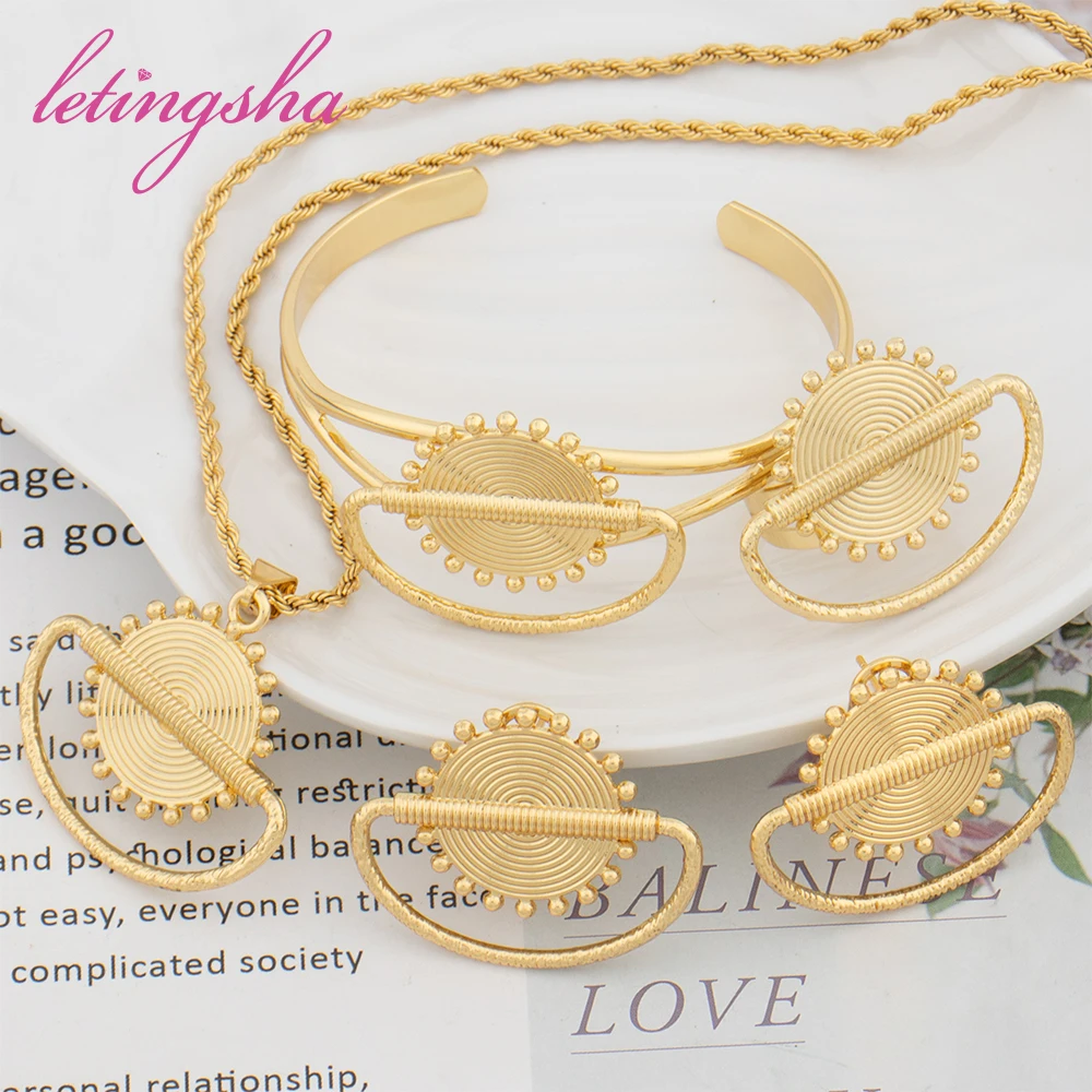 

Italian Fashion Wedding Jewelry Set for Women African Luxury Gold Color Necklace Ring Bangle Earrings Sets Dubai Party Gift