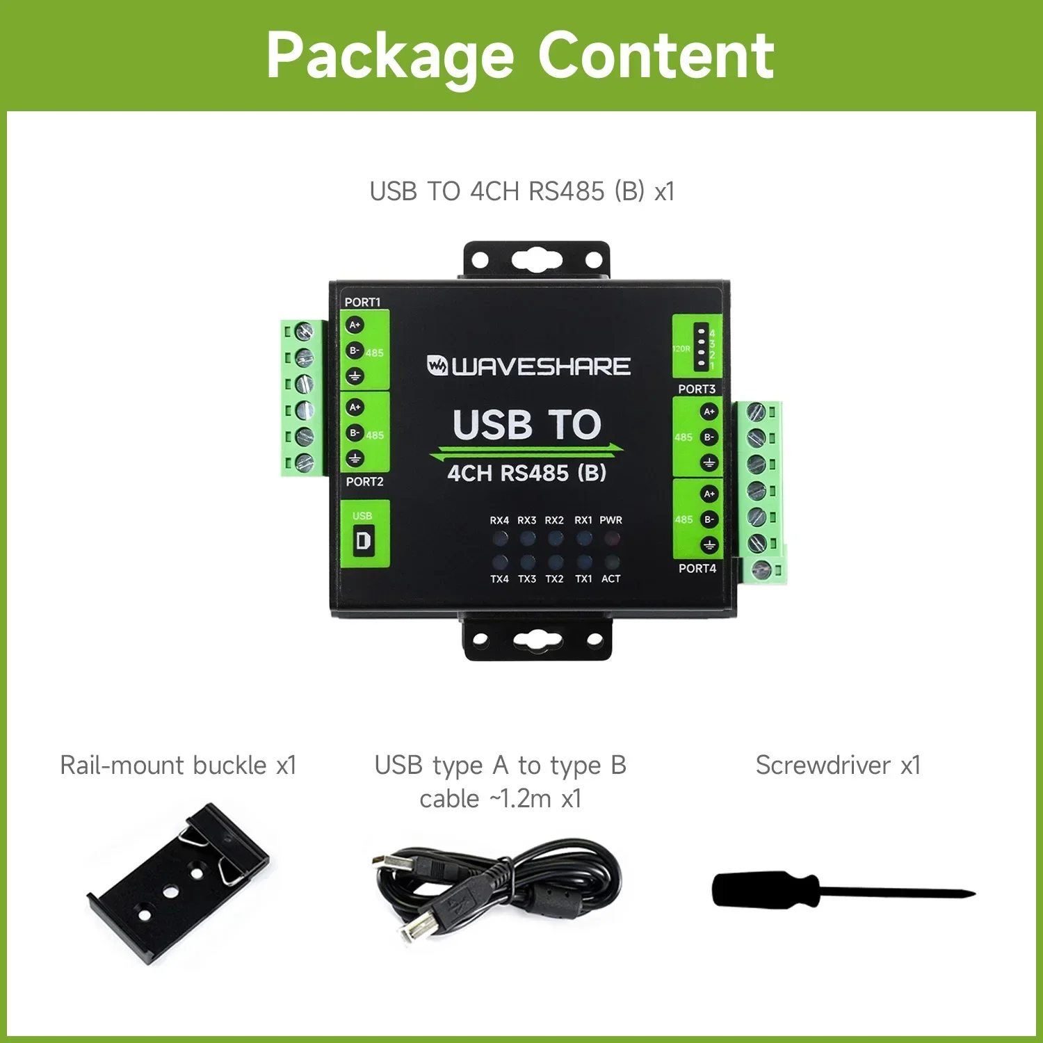 Waveshare   USB to 4-Ch RS485  (B), CH344L Ĩ,  ȣ ȸ,  ý 