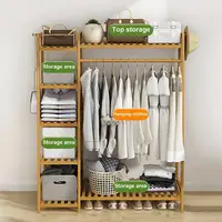Wooden Garment Coat Clothes Hanging Heavy Duty Rack with top shelf and 2-tier Shoe Clothing Storage Organizer Shelves 2