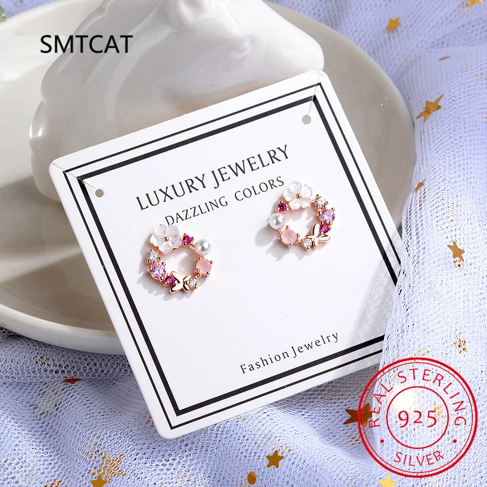 925 Sterling Silver Shell Flower & Butterfly Stud Earring Colorful Zircon Wreath Earring for Women Romantic Fine Jewelry SCE1687