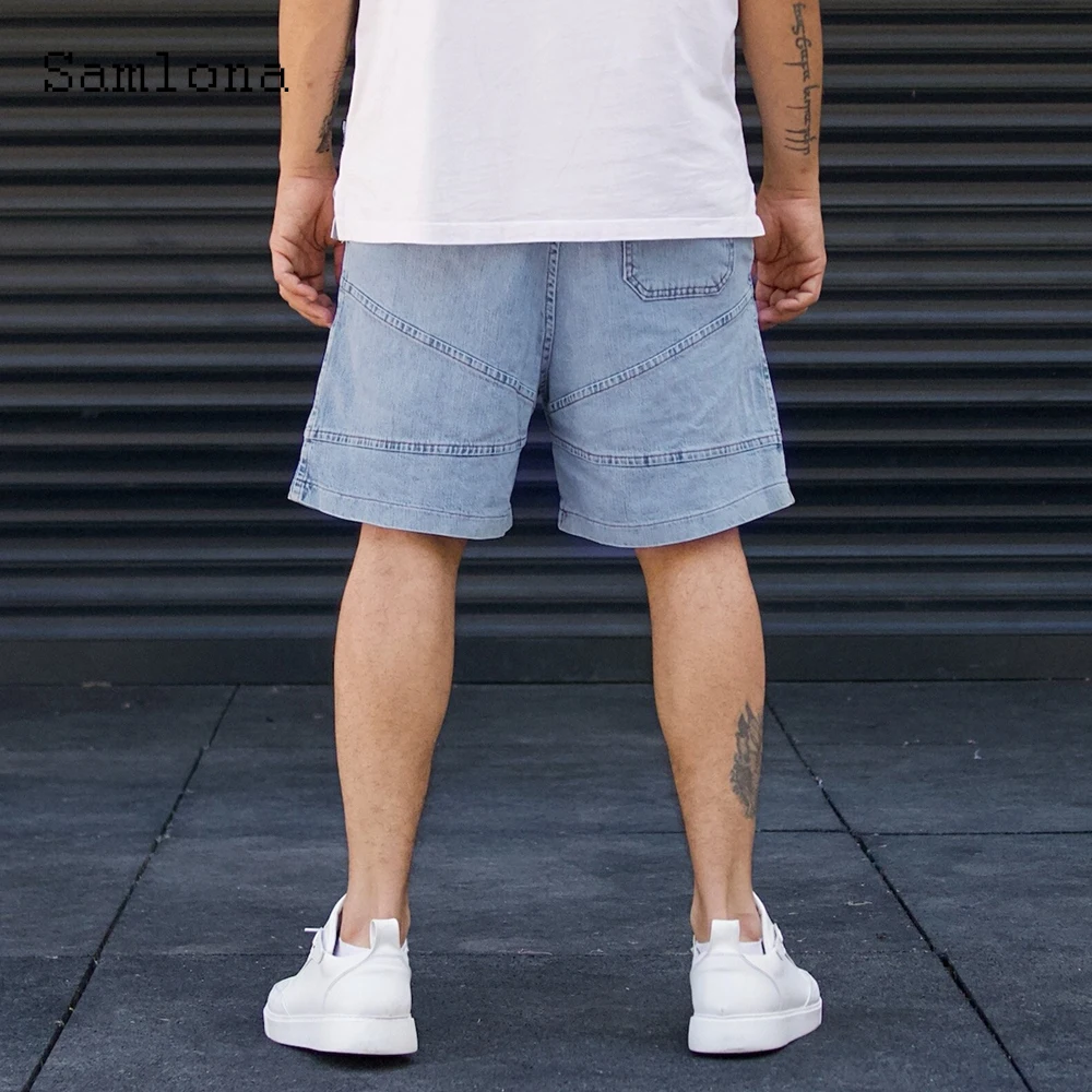 Men Fashion Demin Shorts Mid Waist Stand Pockets Denim Bottom Loose Vintage Hole Ripped Short Jeans Male Summer Cargo Half Pants