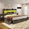 King Size Bed Frame with 4 Storage Drawers, LED Beds Frames with 49“ Tall Bookcase Headboard, Wood Platform King Bed Frame 1