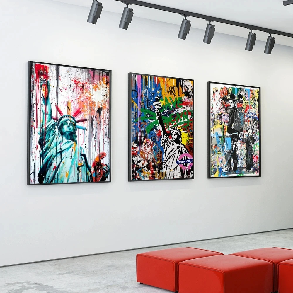 

Statue Of Liberty Street Graffiti Abstract Wall Art Poster Creative Light Bulb Canvas Painting Modern Home Bedroom Decor Mural