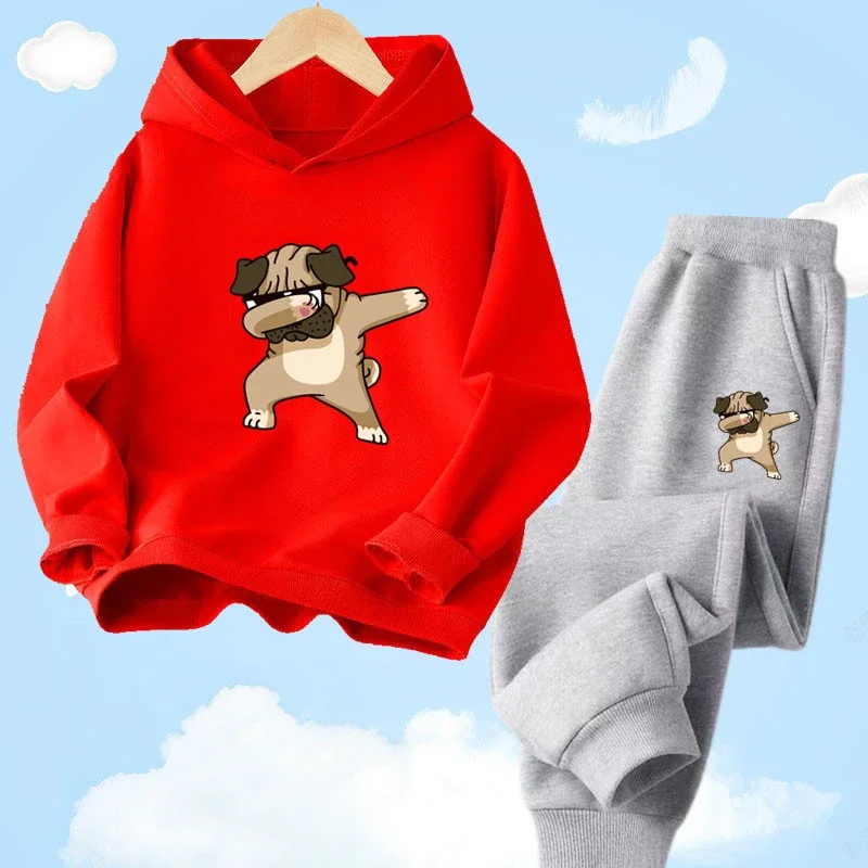 thumbnail image 1 of Conjunto de sudadera con capucha y pantalones de bulldog francés divertidos, conjunto de dos piezas, chándal informal fino, ropa deportiva para niños y bebés, 1 of 5