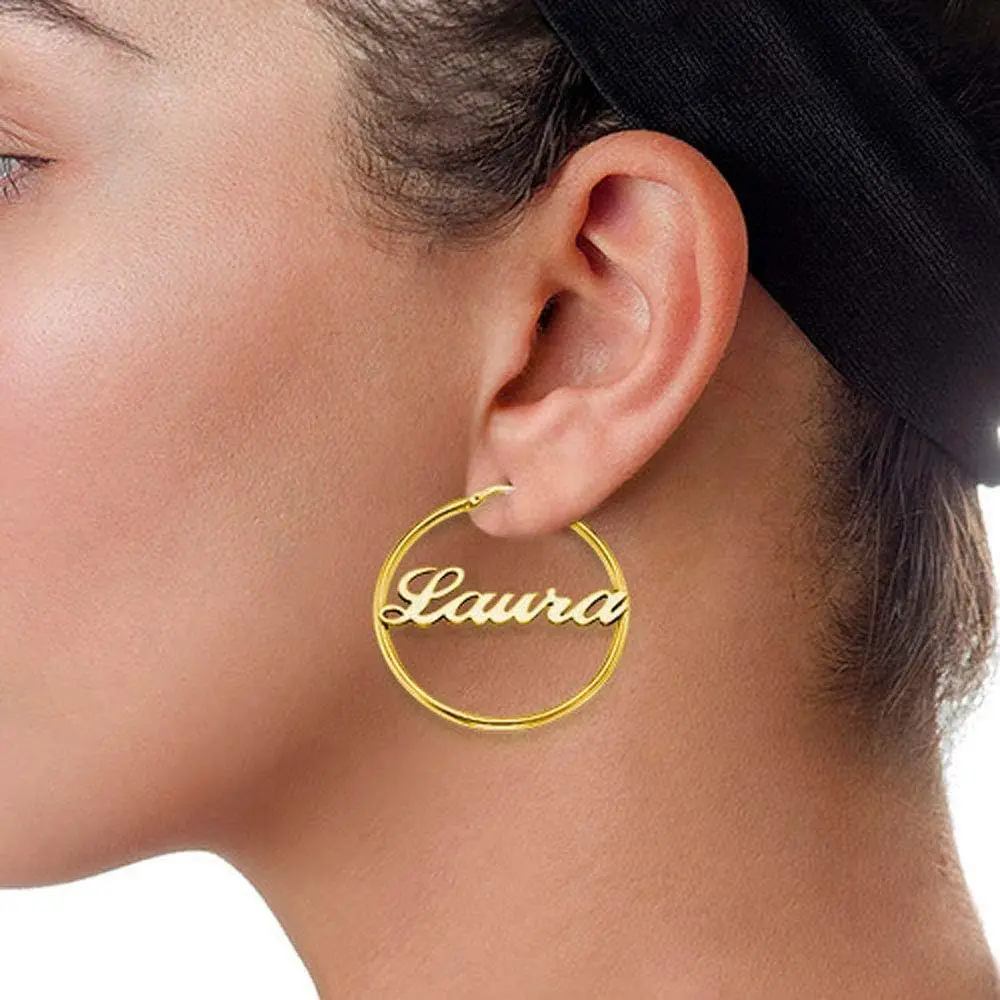 

Custom Name Hoop Earrings for Women Personalized Stainless Steel Arabic Russian Korean Japanese 18k Gold Plated Jewelry Gift