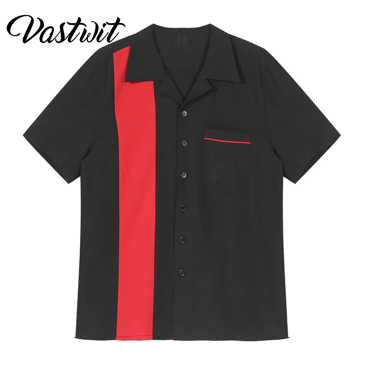

Mens Retro Bowling Lounge Retro Shirt Color Block Short Sleeve Casual Notched Collar Button Tops with Pocket