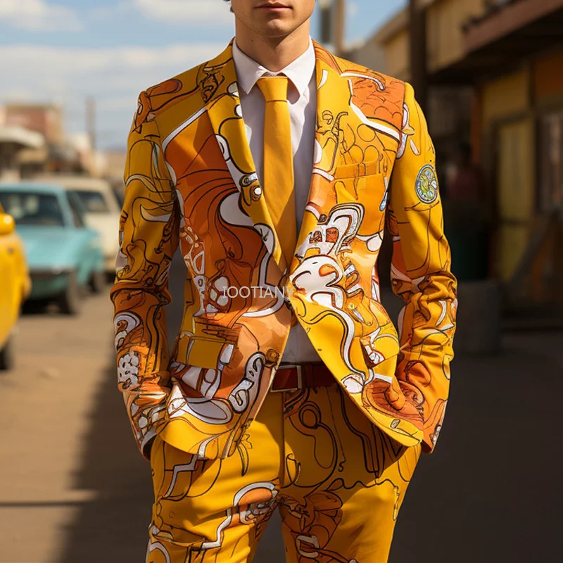 Vestido de festa floral manga longa masculino, blazer vintage tradicional, slim fit, terno de um botรฃo, calรงas de 1 botรฃo, impressรฃo digital 3D, novo