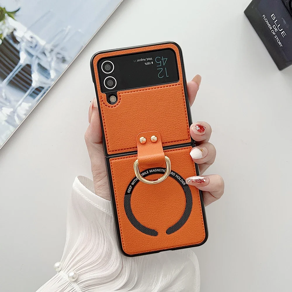 Premium PU Leather Flip Phone Cover with Magsafe-Compatible Ring Holder