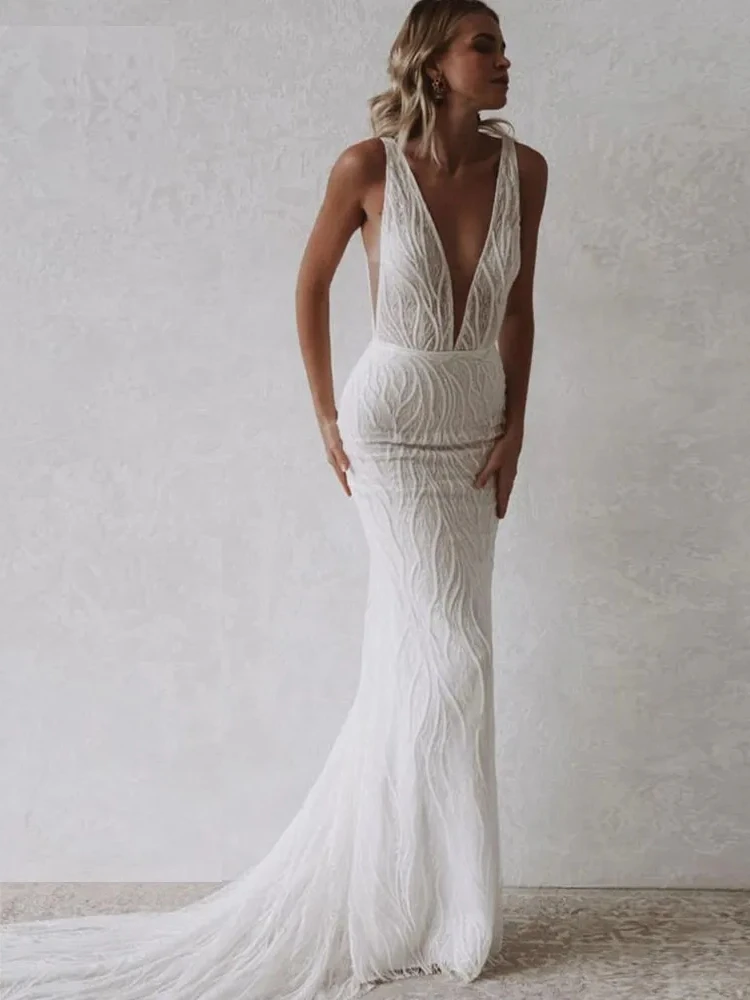 Sexy V-Neck Wedding Dresses Sleeveless Mermaid Lace Appliques Floor Length Exquisite Robes Vestidos De Novia 2025 Customized 4