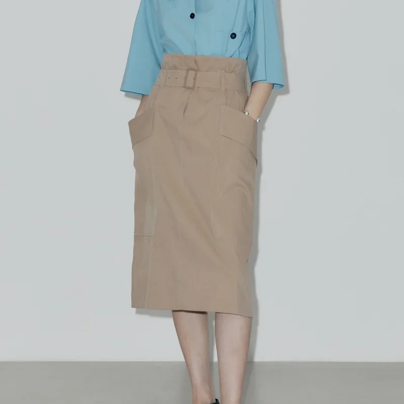 

LowCl@ssic Leisure Commuter Double Pocket High Waist Belt Mid length Cotton Half Skirt A-line Dress Spring/Summer