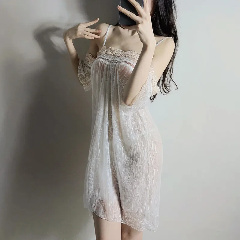 NEW Summer Women Mesh See-Through Lace Sleepwear Nightwear High Quality Strap Slips Ladies Sexy Lingerie Plus Size XXL