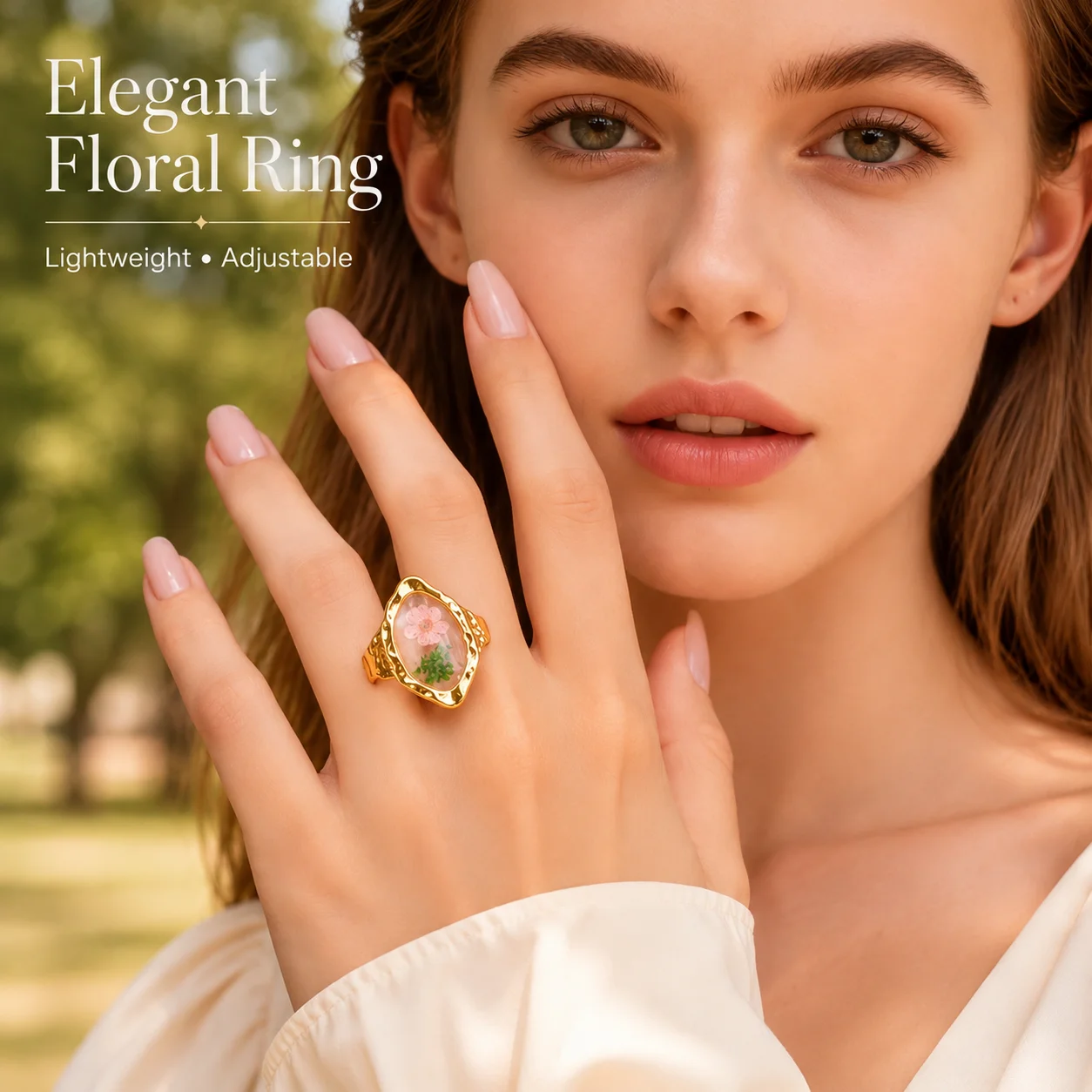 Anelli in Acciaio Inossidabile per Donne, Gioielli con Fiori Secchi in Resina, Anelli Floreali Vintage Geometrici Aperti Regolabili, Impermeabili - immagine 2