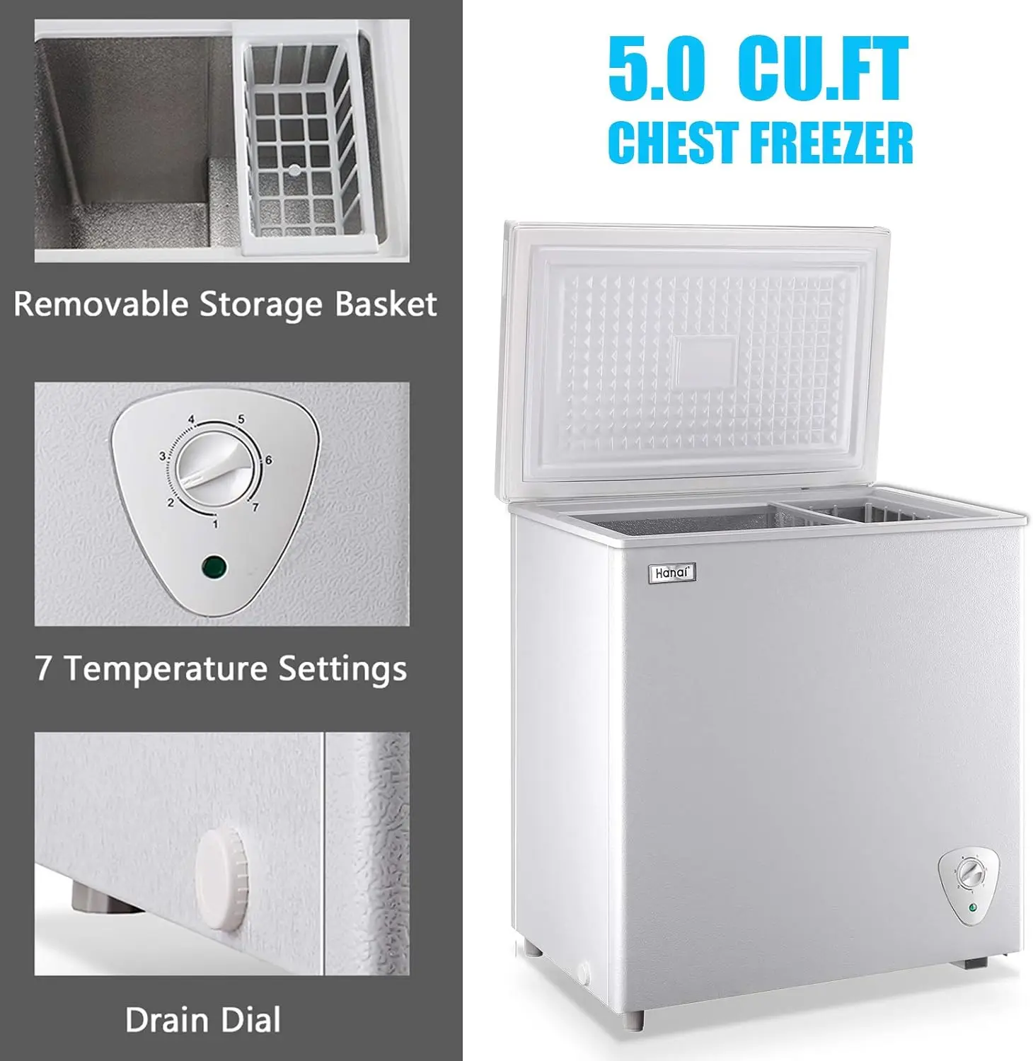 Chest Freezer Compact Deep Freezer WANAI 5.0 Cu.Ft for Garage Adjustable Temperature 7 Thermostat and Energy Saving Removable