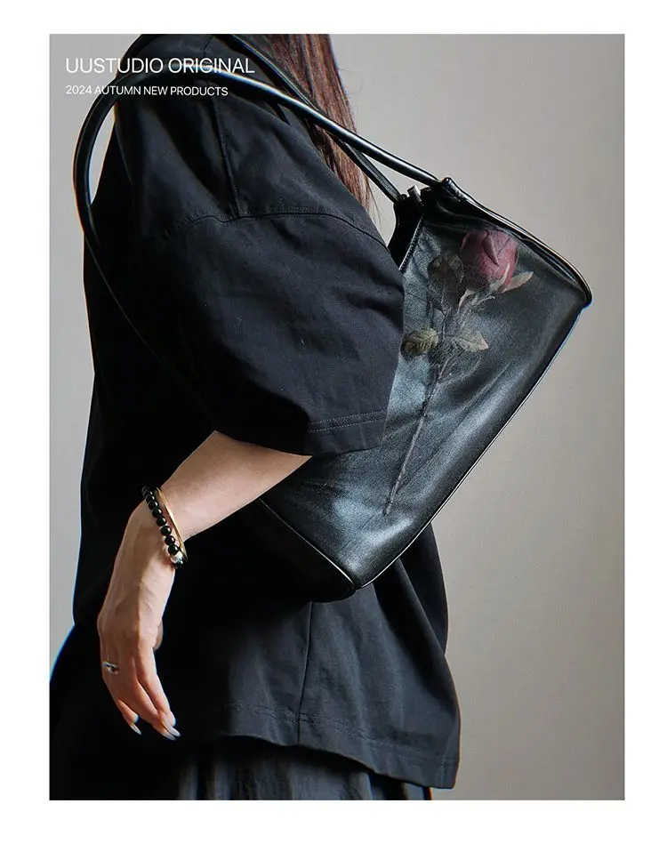 JIAERDI Chinese Style Rose Black Underarm Bag Women Trendy Pu Leather Casual Shoulder Bags Ladies Retro Y2k Handbag 2025 New