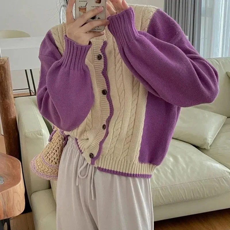

Sweet Twist Knit Cardigan Women Vintage O-Neck Long Sleeve Sweater Jacket Female 2023 Autumn Winter Korean Contrast Loose Tops
