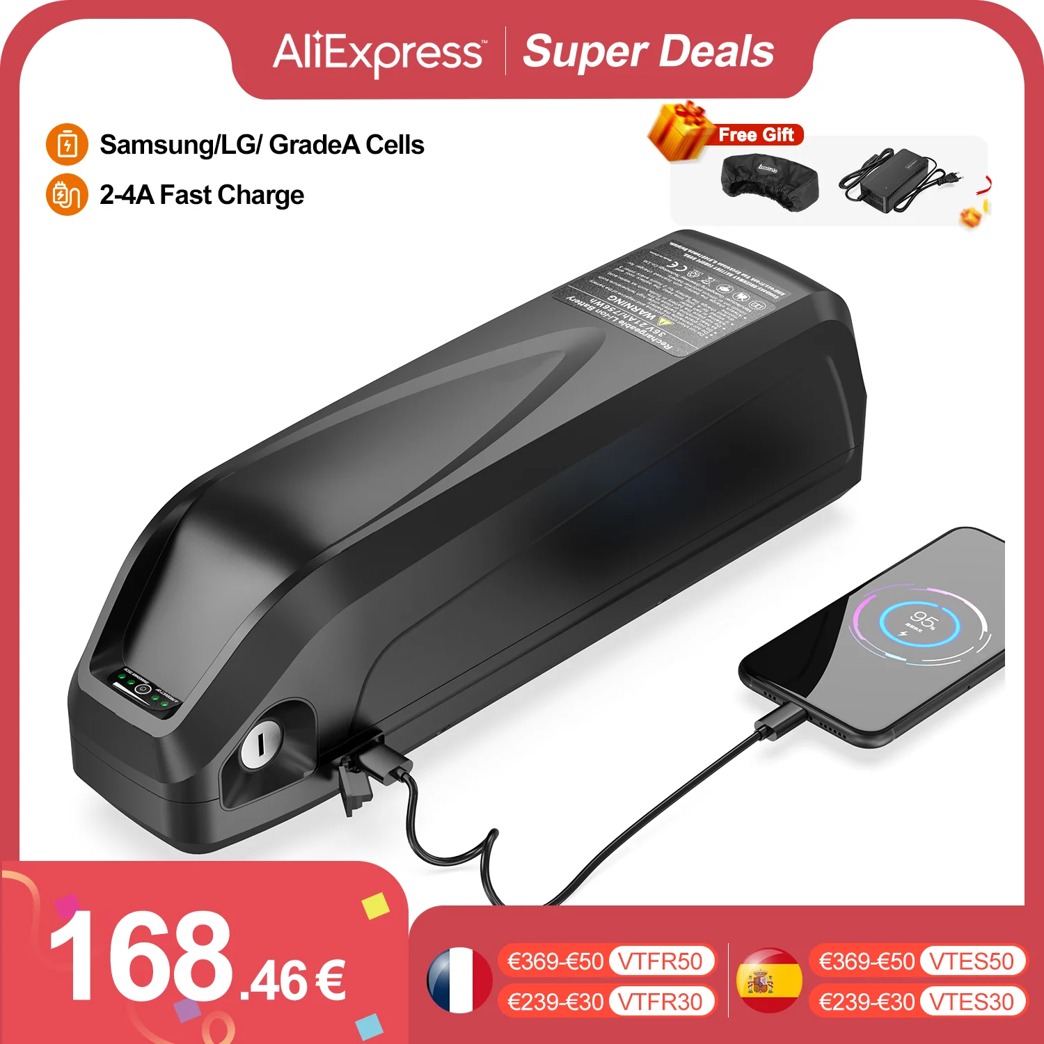 Batteria E-Bike 36 V / 48 V / 52 V, Batteria E-Bike 1000 W / 750 W / 500 W 250W Per Biciclette Elettriche, Batteria Agli Ioni Di Litio Hailong
