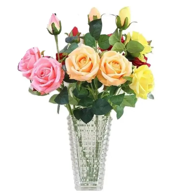 One Faux Long Stem Spring Rose (3 Teste/Pezzo) 23 "Lunghezza Simulazione Curling Rosa Green Leaf Per Centrotavola Matrimonio 6 Colori