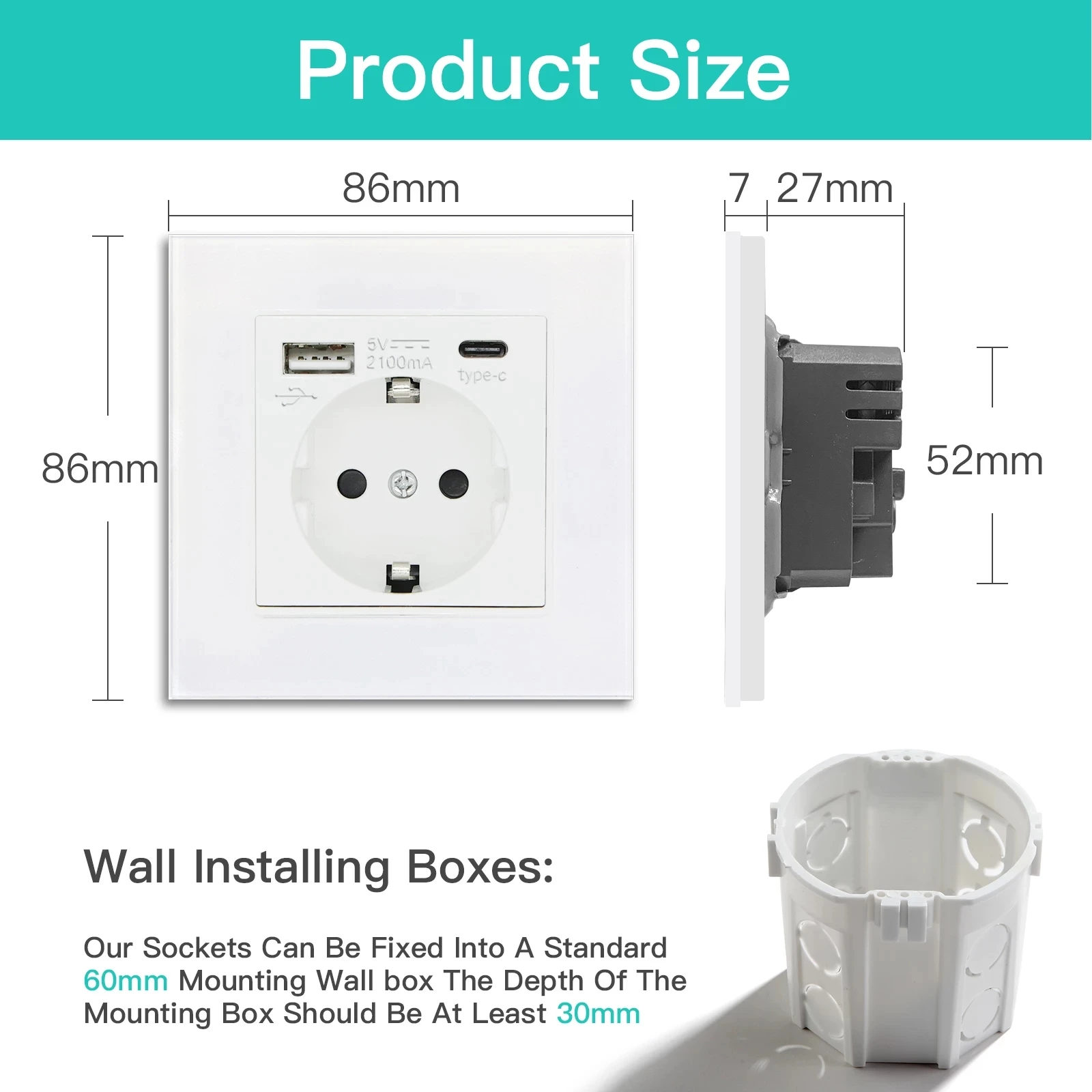 BSEED EU standard Socket DIY Parts White Plastic Materials For USB EU Wall Socket Insert Function Key Type-C Charge Port Part