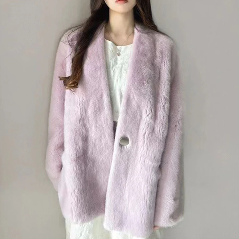 2023 Autumn Winter New Women Faux Fur Coat Fashion Casual Lamb Wool Outwear Mid Length Version Solid Color Outcoat Warm Parkas