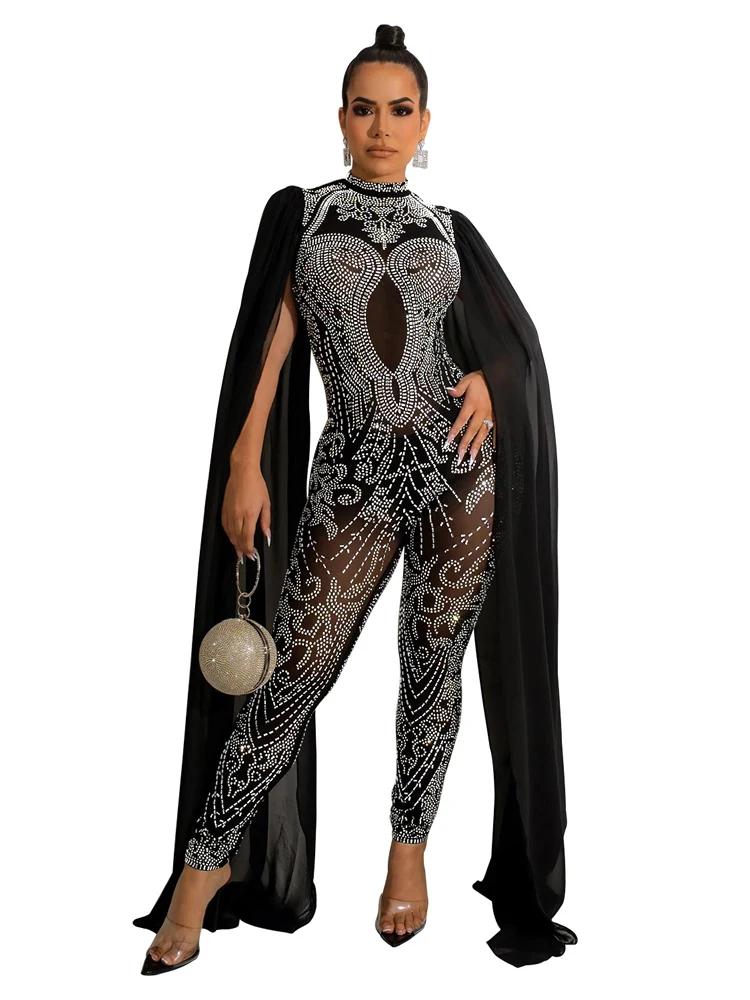 Fashion Sleeveless Shawl Long Jumpsuit Women Summer Sexy Mesh Perspective Bodysuit Elegant Hot Diamond Female Jumpsuit for Club 2023 women guipure lace spaghetti strap sheer mesh jumpsuit summer sleeveless floral one piece pants suit elegant female clothes