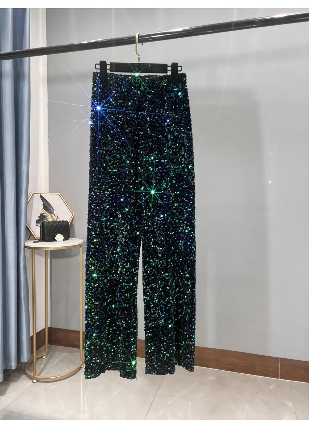 2024 Autumn/Winter New Thickened Suede Sequins Straight Tube Wide Leg Extended Women's Pants