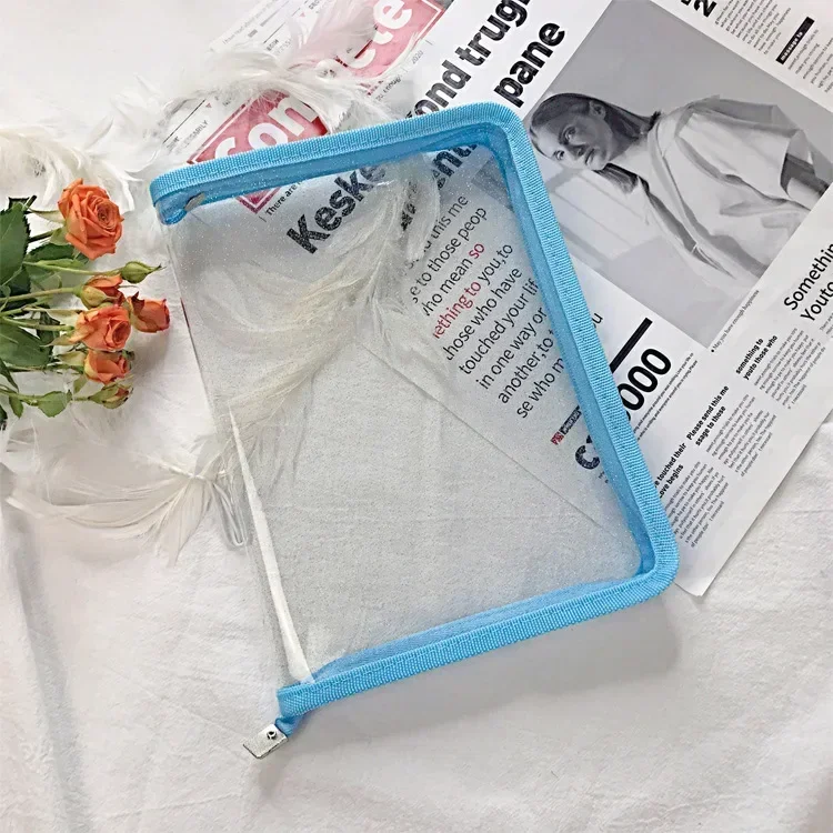2026 Transparent A5 PVC Glitter Zipper File Bag Solid Color Simple Plastic Document Storage Bag Student Stationery Organizer