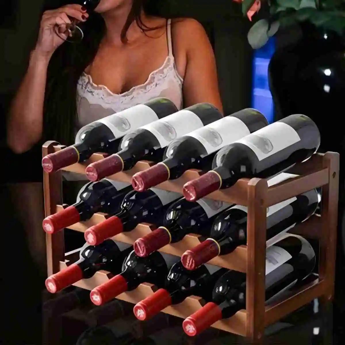Bamboo Wine Rack Tabletop Multi-Tier Vintage Solid Wood Display For Living Room Bar Dining Room