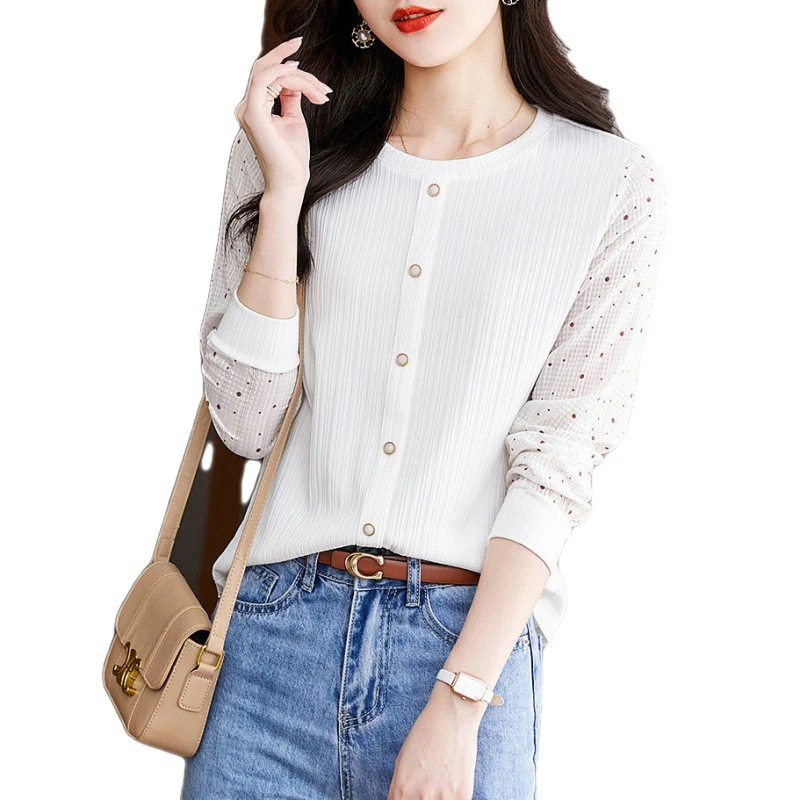 Spring Texture Comfortable Spliced Long Sleeve Women Sweatshirts Fashion Casual Oversized Inside T Shirts Tops Daily Wear White