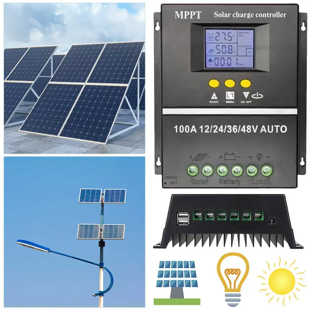 100A MPPT Solar Charge Controller Intelligent Regulator LCD Dual USB 12V/24V/36V/48V for Lead-Acid Lithium Solar Panel Battery ﻿