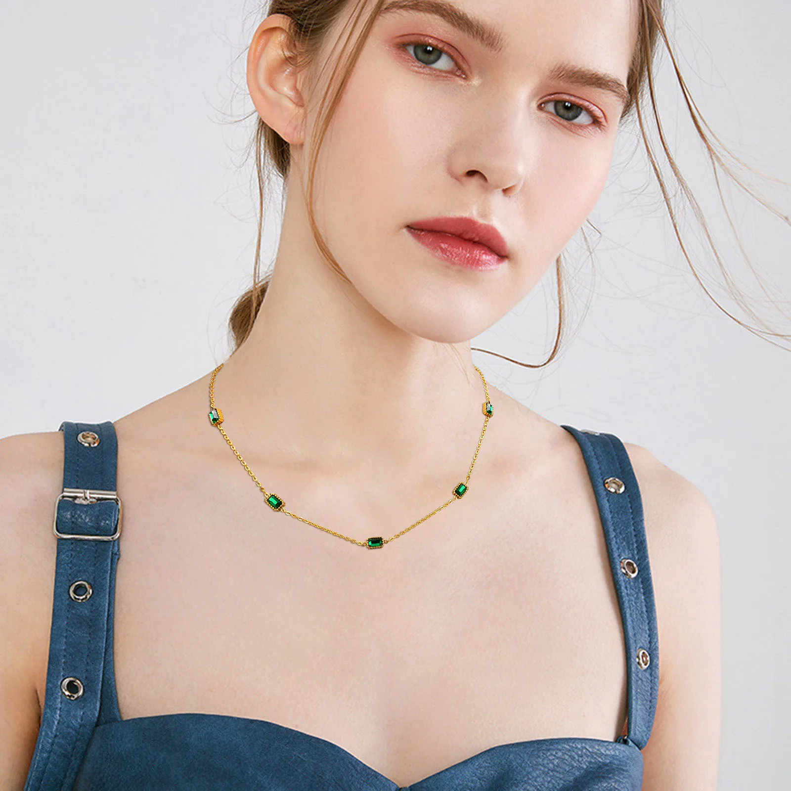 ネックレス・ペンダント Gold Green Natural Stone Collar Necklace Chic Green Color CZ Stone Choker Necklaces for Women Jewelry