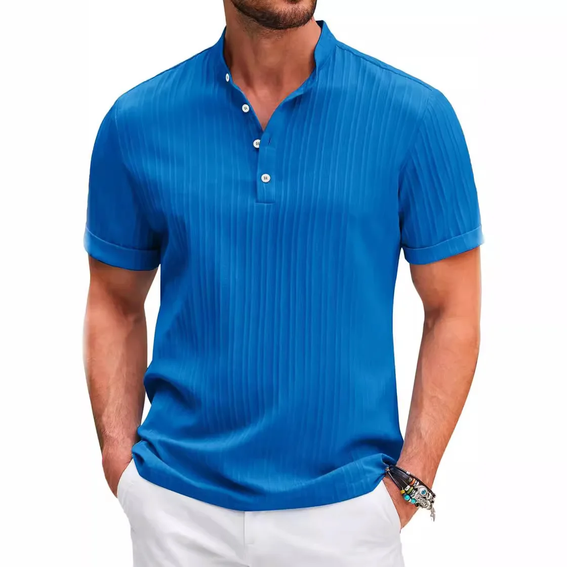 Men's New Summer Trend High-End Striped Casual Short-Sleeved Shirt High Quality Classic Stand Collar Comfortable Fashion sShort- 4
