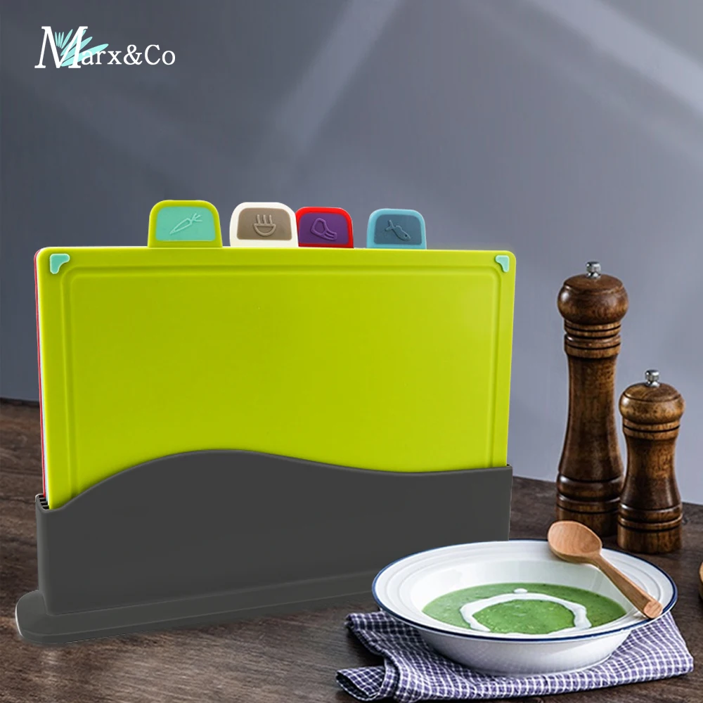 Chopping Board with Holder 4Pcs/Set Plastic Cutting Block Mats with Food  Icons,Dishwasher Safe,BPA-Free,Anti Bacterium,Non-slip