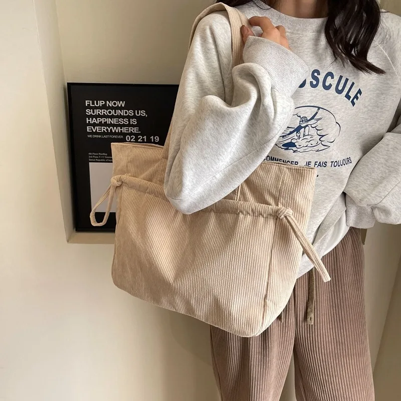 Tote Shoulder Bag Corduroy New Simple Korean Style Drawstring Pocket Personality Purses and Handbags Casual Shopping All-match