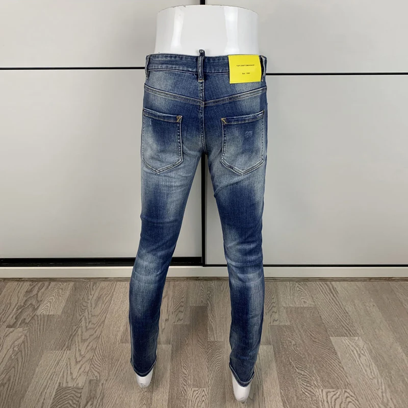 High Street Fashion Men Jeans High Quality Retro Washed Blue Stretch Skinny Fit Ripped Jeans Men Vintage Designer Brand Pants